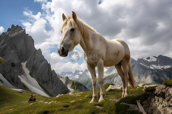 山坡中的动物白马图片