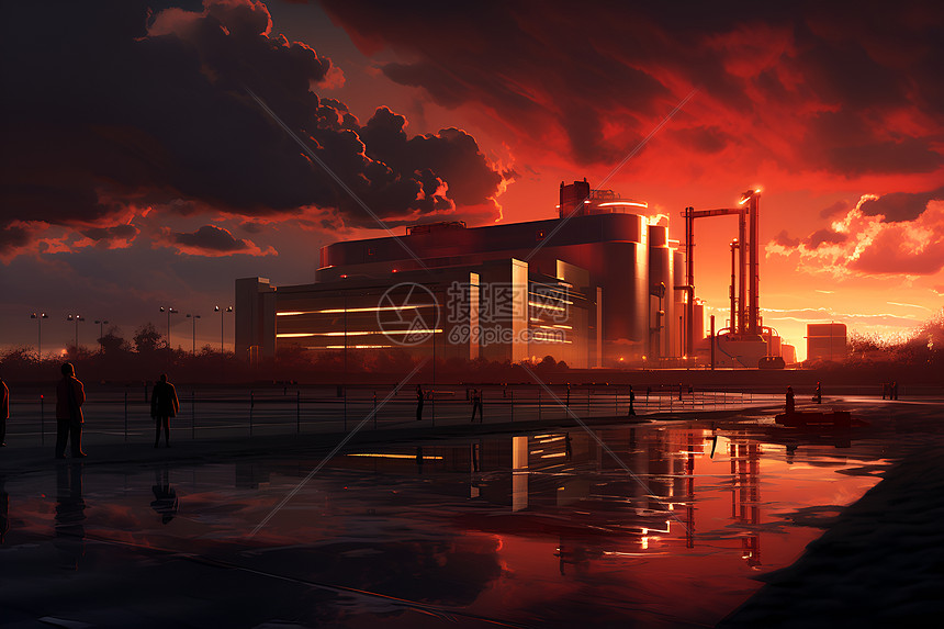日落时的工厂建筑图片
