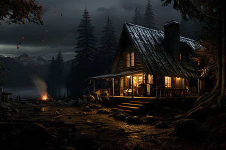 夜幕下的林间木屋图片