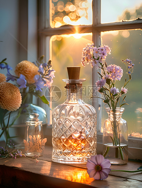 窗前的水晶瓶和花朵图片