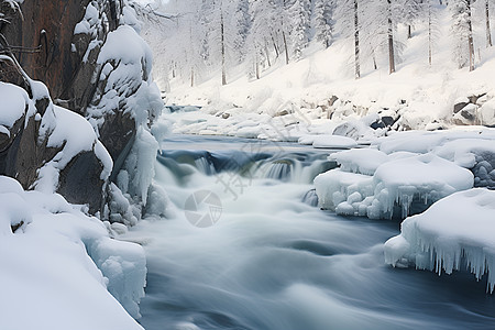 冰雪山林里的河流图片