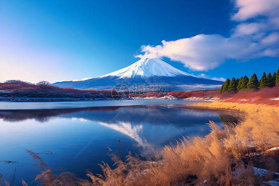 雪山河流边的草地图片