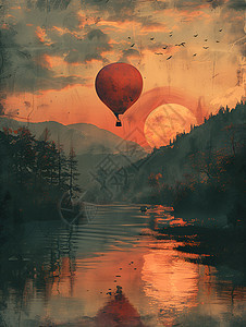 湖泊上空的热气球图片