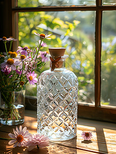 水晶瓶边的花朵图片