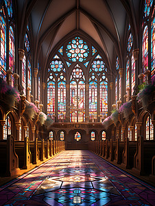 神圣大教堂教堂玻璃彩色花窗高清图片