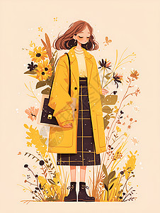 花丛里的的黄衣女孩图片