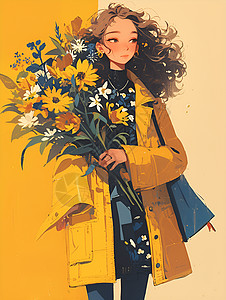 黄衣女孩拿着花束背景图片