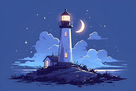 月光下的海岛灯塔图片