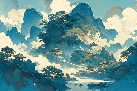 山谷森林梦幻山水插画