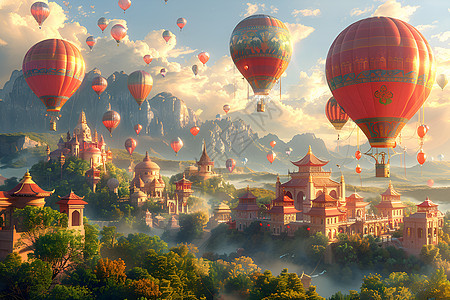 飞过群山庙宇的热气球图片