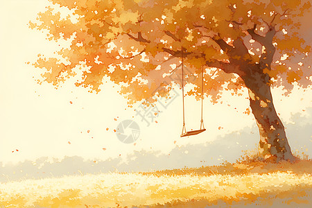 秋日田野树上的秋千图片