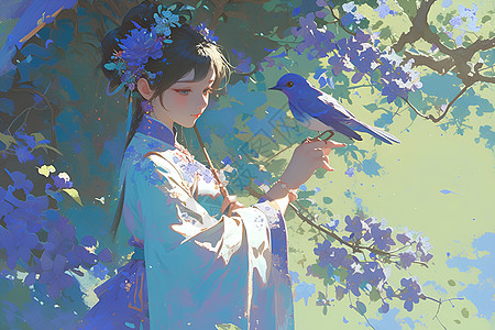 紫色花丛里的女孩和鸟图片