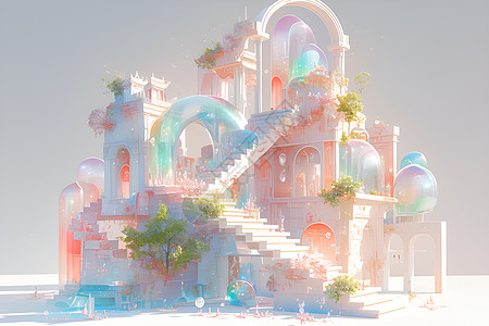 阳光下的粉色建筑模型图片