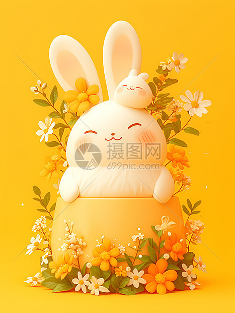 花卉中的可爱兔子图片