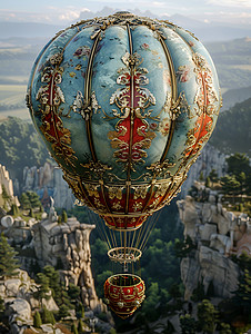 飞越山谷的热气球图片