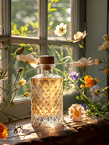 冬日阳光花朵与瓶子背景