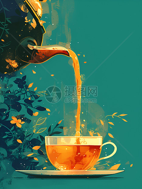 茶壶倾倒着香茗进入茶杯图片