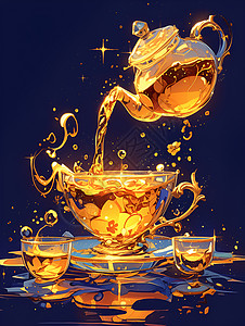 魔幻泼溅茶壶倾泻金色芳香图片