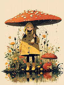 蘑菇下的少女与红蛙图片