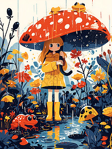 蘑菇伞下的少女与红蛙图片