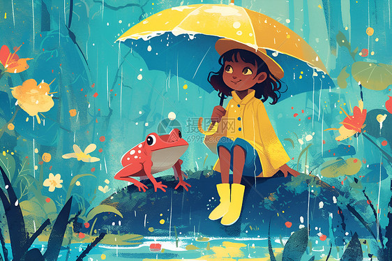雨中的女孩与红蛙图片