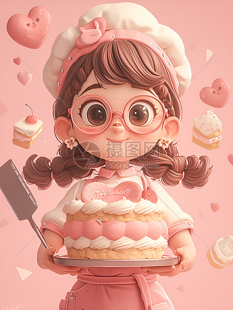 小女孩与粉色蛋糕图片