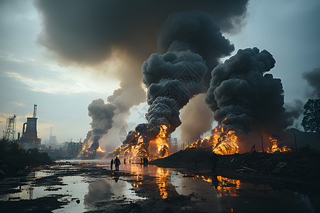 烟雾缭绕着火的工厂图片