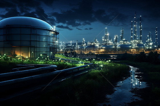 夜晚的生物质发电厂图片