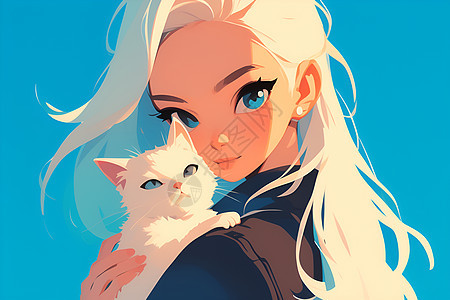 怀抱白猫的可爱女孩图片