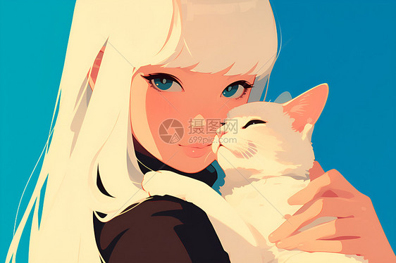 女孩怀抱白色猫咪图片