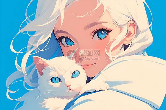 温柔少女和猫咪的卡通插画图片