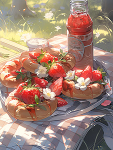 野餐垫上的水果蛋糕图片