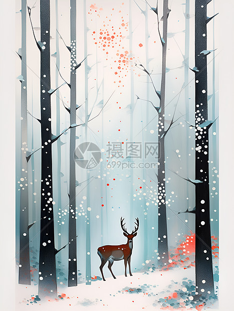 森林雪地上的鹿图片