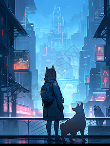女孩牵着狗在城市里漫步图片