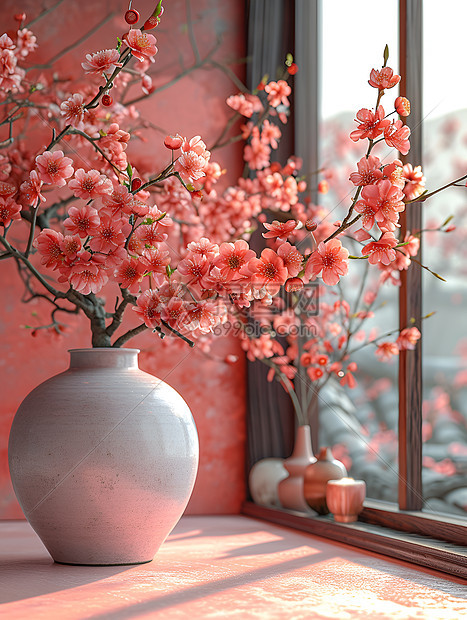 花瓶中的粉色花树图片