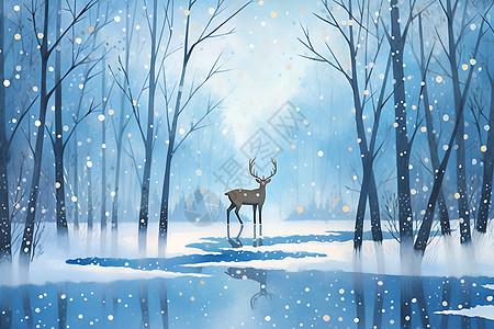 冬日河边的鹿高清图片