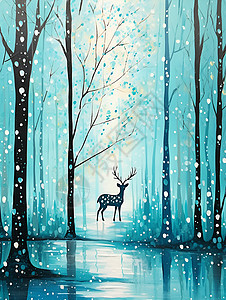 林间雪地行走的鹿图片