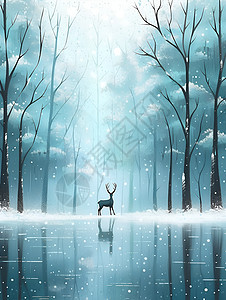林中湖边的鹿背景图片
