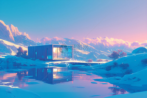 雪山下的湖边别墅图片