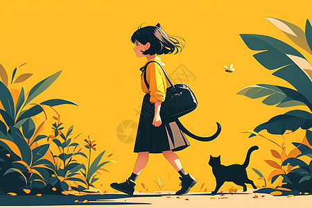 背包女孩和黑猫散步图片