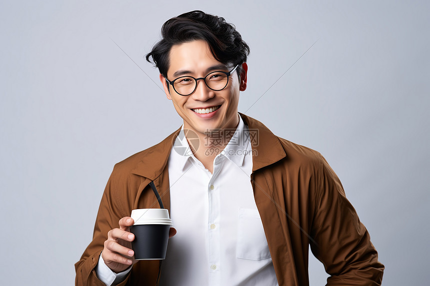 青年男人拿着一杯咖啡图片