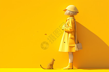 黄衣女子与黄猫图片