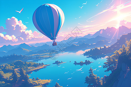 湖边的热气球图片