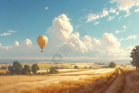 热气球飘过金黄的田野图片
