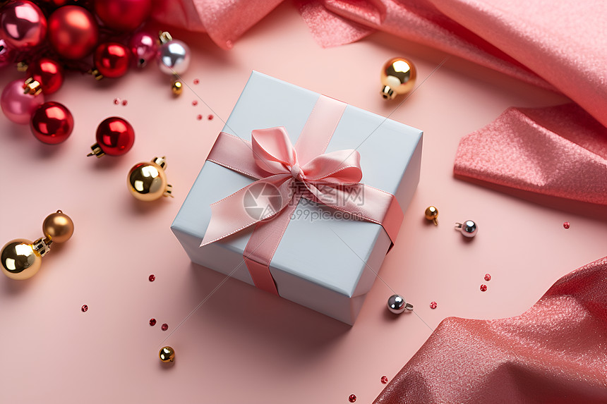 惊喜的礼物粉色包装盒与蓝色蝴蝶结在粉色背景上图片