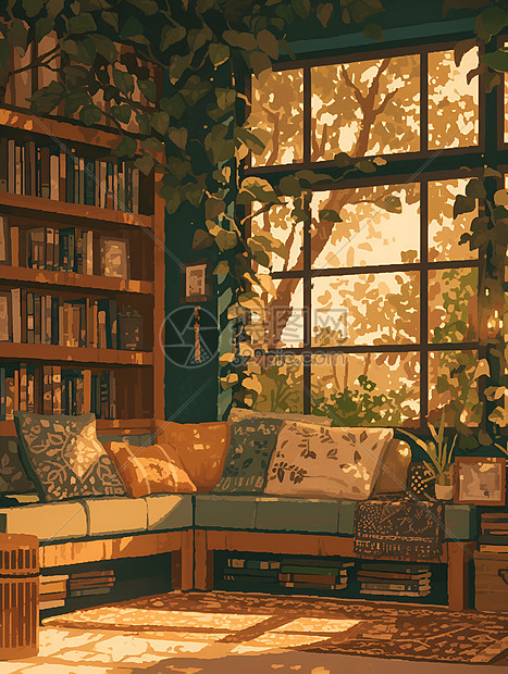 阳光照射在书房的沙发上图片