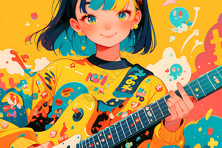 彩绘的弹吉他的少女高清图片