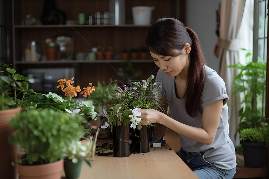 栽培绿植的女人图片