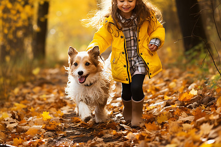小女孩和狗奔跑图片
