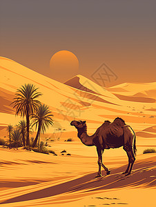 沙漠中的仙人树和骆驼图片